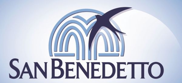 Logo San Benedetto: torre stilizzata, rondine in volo e scritta San Benedetto.