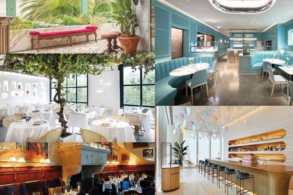 Food e fashion: collage di ristoranti di lusso. Design d'interni elegante, tavoli apparecchiati, atmosfera raffinata.