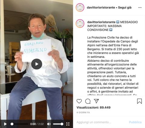 Ristorazione Bergamo: chef Cerea fa appello per l'Ospedale da Campo Alpini. Numero di telefono per donazioni.