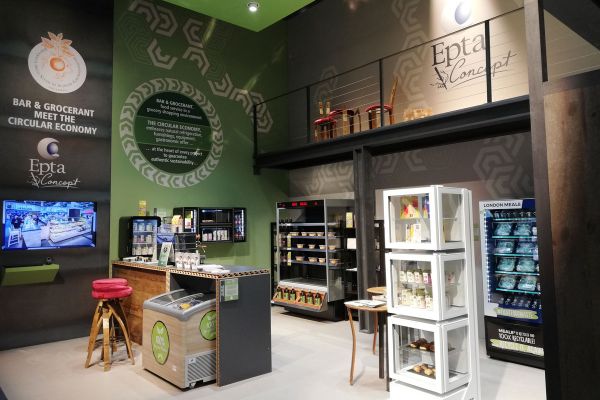Bar circolare e grocerant Epta Concept: innovazione sostenibile, economia circolare, refrigerazione naturale, design eco-friendly.