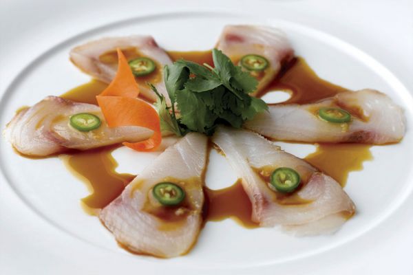 Nobu Milano: sashimi di ricciola con jalapeño, carota e coriandolo. Ristorante Armani, alta cucina.