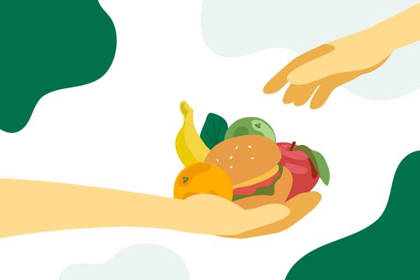 Donazioni alimentari: mano offre cibo (frutta, hamburger). Ristorazione collettiva solidale.