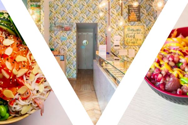 I Love Poke: interni del locale e ciotole poke con salmone, tonno, riso e verdure fresche.