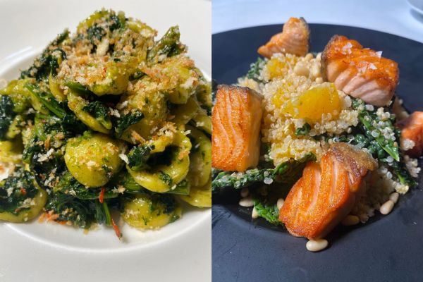 Luca Guelfi, piatti gourmet: orecchiette cime di rapa e salmone con quinoa. Gastronomia di quartiere.