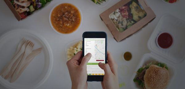 Ordine cibo online: persona usa app su smartphone. Piatti pronti, consegna a domicilio.