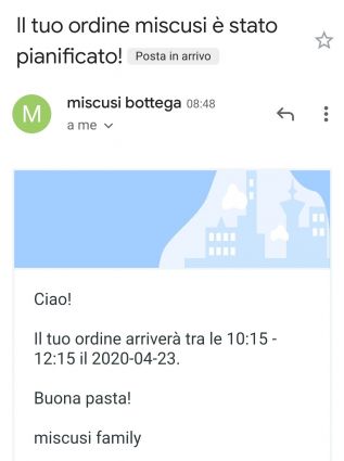 Email di conferma ordine miscusi. Acquista pasta fresca e kit su miscusi.com per una food experience a casa.