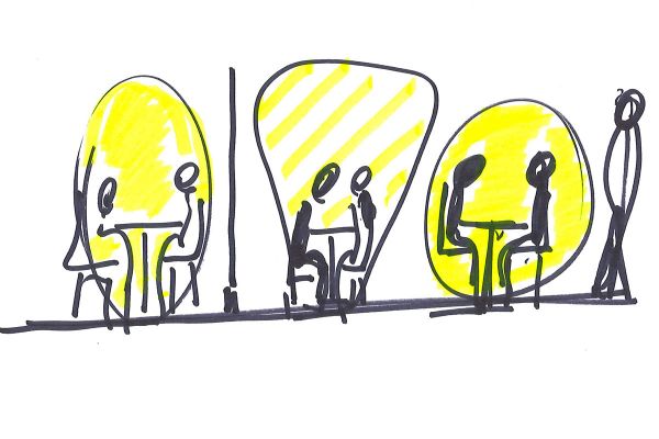 Schizzo di separé per creativi e imprenditori: persone sedute a tavoli, aree delimitate.