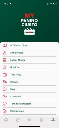 Screenshot app Panino Giusto: delivery, take away, profilo, notifiche, blog, contatti.