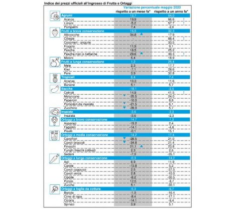Prezzi all'ingrosso frutta e ortaggi: tabella con variazioni percentuali. Agrumi, insalate, verdure e frutta.