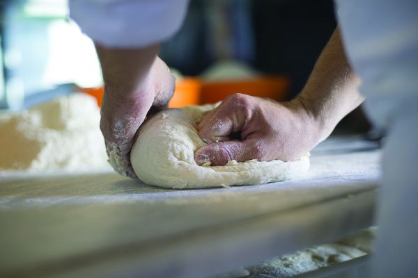 Impasto fresco per pizza napoletana. Mani che lavorano la pasta. Tradizione culinaria italiana.
