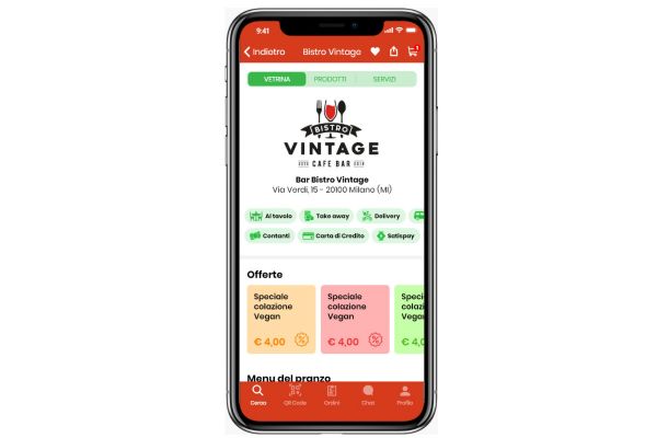 Schermata app Foodness ToGo: bar digitale. Ordina online da Bistro Vintage. Offerte colazione vegana e menu pranzo.