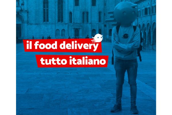 Alfonsino food delivery: crowdfunding record. Logo Alfonsino e persona con maschera.