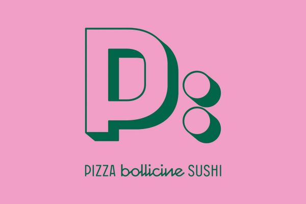Logo Papris Milano: pizza, bollicine e sushi. Design moderno verde su sfondo rosa.