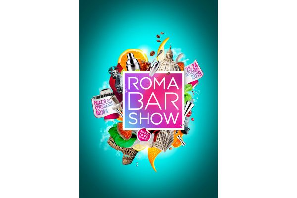 Locandina Roma Bar Show: cocktail, shaker, Palazzo dei Congressi e Colosseo. Evento barman a Roma.
