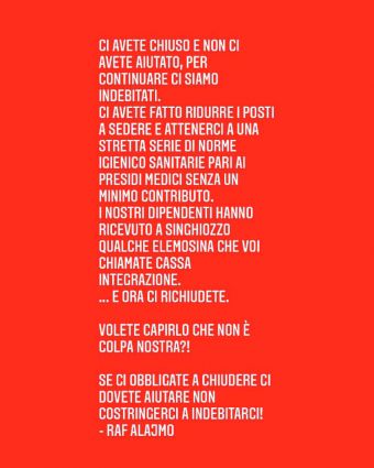 Protesta ristoratori contro DPCM anti Covid: testo di Raf Alajmo contro chiusure e restrizioni.