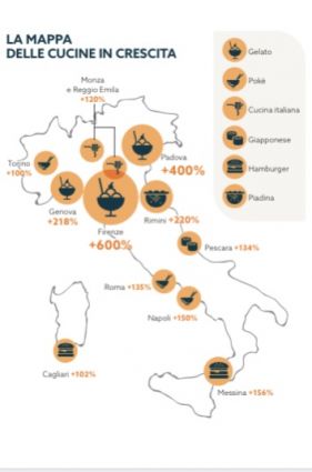 Mappa Just Eat: crescita cucine in Italia. Gelato, poké, cucina italiana, giapponese, hamburger, piadina. Trend e preferenze alimentari.
