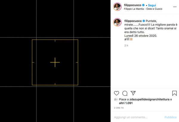 Dpcm Covid: Instagram La Mantia, protesta ristorazione. Simbolo mirino giallo.