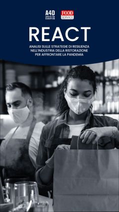 Copertina report ristorazione: strategie di resilienza. Personale con mascherine e guanti. Analisi settore ristoranti post pandemia.