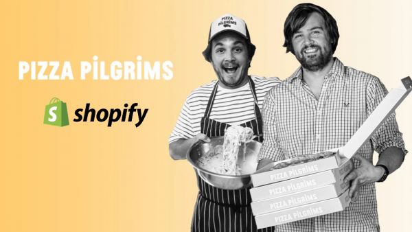 Pizza Pilgrims e Shopify al Global Food Service Forum. Due uomini con pizza e pasta.