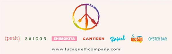 Luca Guelfi Company: logo con simbolo della pace e nomi ristoranti (Petit, Saigon, Shimokita, Canteen, Rafael, Big Sur, Oyster Bar).