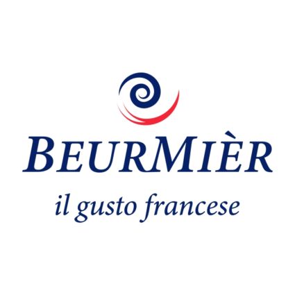 Logo Beurmièr. Il gusto francese. Marchio alimentare con spirale blu e rossa.