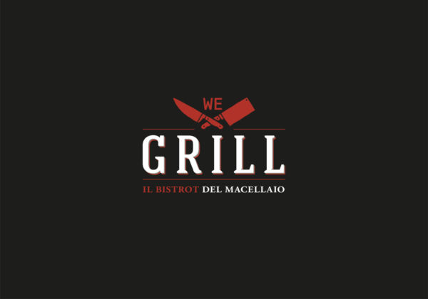 Logo We Grill: bistrot del macellaio. Design con coltello e mannaia, ideale per ristoranti di carne e grigliate.