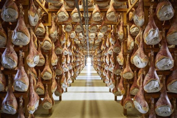 Stagionatura Prosciutto di San Daniele. Salumi italiani appesi per la maturazione. Gastronomia, cibo.
