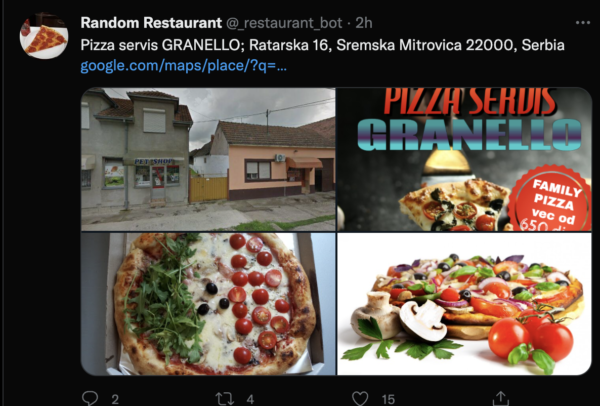 Collage di foto di Pizza Granello: ristorante, pizza con rucola e pomodorini. Ottima pizza italiana.