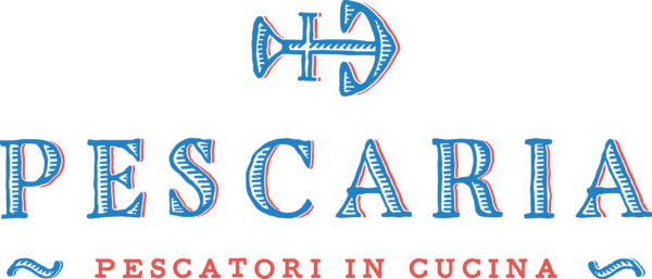 Logo Pescaria: ristorante di pesce fresco. Ancorina stilizzata e scritta Pescaria - Pescatori in cucina.