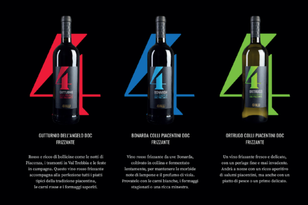 Vini piacentini Cantine 4 Valli: Gutturnio, Bonarda, Ortrugo. Bottiglie di vino frizzante DOC Colli Piacentini.