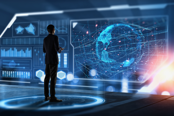 Uomo d'affari guarda schermo tech con dati e globo. Soluzioni IRI e NPD Group per misurazione mercati.