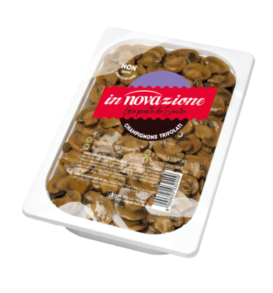 Vaschetta di champignons trifolati Nova 1000g. Funghi pronti, cotti a vapore e senza conservanti.