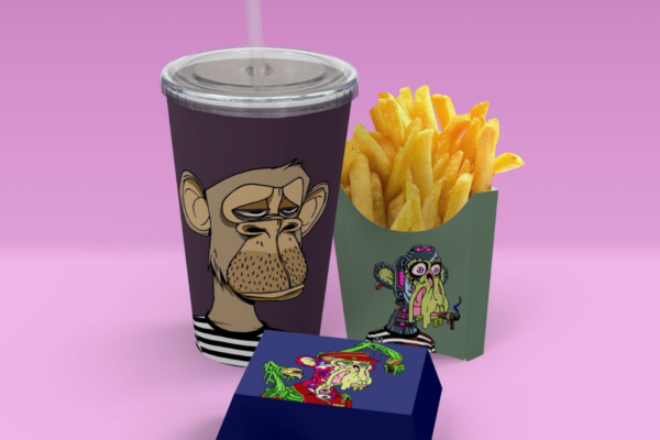 Bored & Hungry: NFT crypto arte su bicchiere, patatine fritte e confezione.