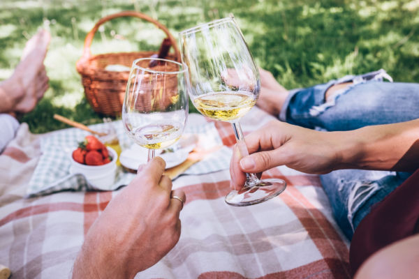 Brindisi con vino bianco. Picnic sull'erba, relax e crescita del fatturato 2021. Bollicine e vendite online.