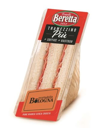 Tramezzino Beretta Più con mortadella Bologna. Ideale per vending e pausa pranzo gustosa.