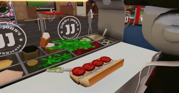 Metaverso Jimmy John's: Metasandwich in preparazione. Ingredienti freschi e logo JJ. Esperienza virtuale!