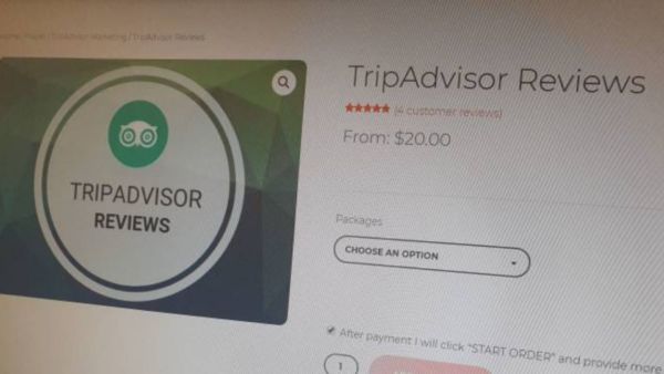 TripAdvisor recensioni false: logo TripAdvisor e prezzi a partire da $20. Gabbati da recensioni TripAdvisor.