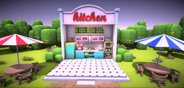 Cucina nel metaverso. Grafica 3D di cucina all'aperto con tavoli e ombrelloni. Metaverso e realtà virtuale.