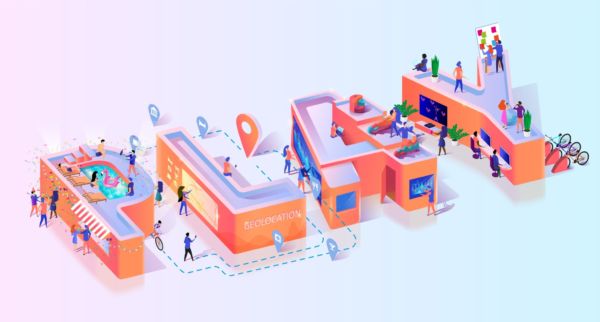 Gamification programmi fedeltà: persone interagiscono con la parola PLAY. Grafica isometrica.
