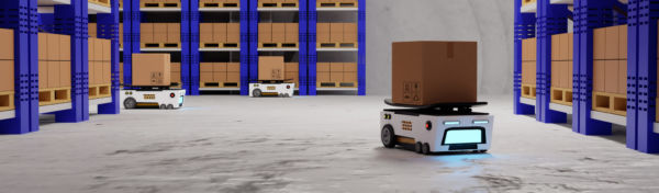 Veicoli a guida autonoma in magazzino. Robot autonomi trasportano merci. Automazione logistica e innovazione.