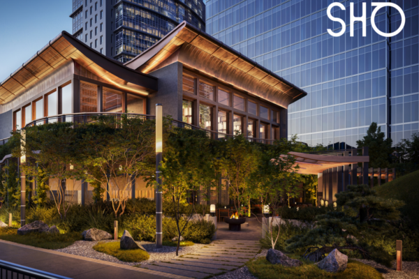 Ristorante Sho NFT in Silicon Valley. Design esterno con illuminazione suggestiva e architettura unica.