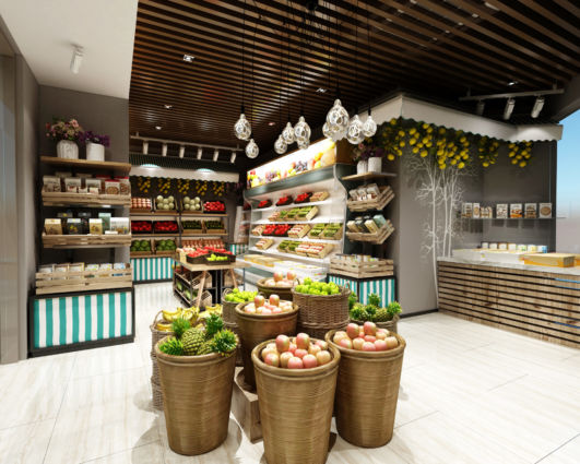 Negozio Orsero Autogrill: Cesti di frutta fresca, scaffali con prodotti alimentari. Design moderno e illuminazione curata.