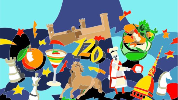 Casa Vicina: illustrazione celebrativa 120 anni. Chef, Mole, castello, cavallo, scacchi e simboli gastronomici.