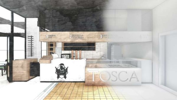 Rendering di Tosca, l'arte del gusto toscano. Design del locale per la schiaccia toscana.