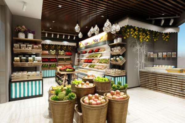 Negozio Orsero Autogrill: frutta fresca, verdura e prodotti alimentari in esposizione. Design curato, illuminazione accogliente.