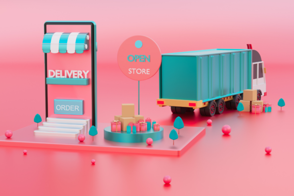 Piattaforma 3D Alfonsino per ordini e consegne a domicilio. Camion, regali e smartphone con scritta Delivery.
