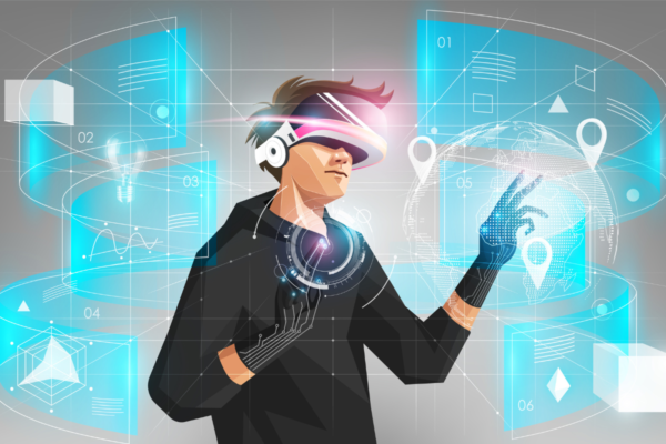 Metaverso: uomo con visore VR interagisce con dati digitali. Opportunità per ristoranti negli USA.