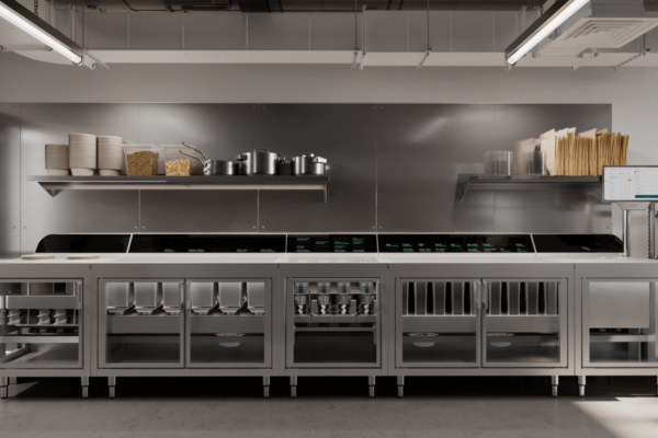 Cucina Chipotle Cultivate Next: attrezzatura in acciaio inox, scaffali con ingredienti e utensili. Innovazione culinaria.
