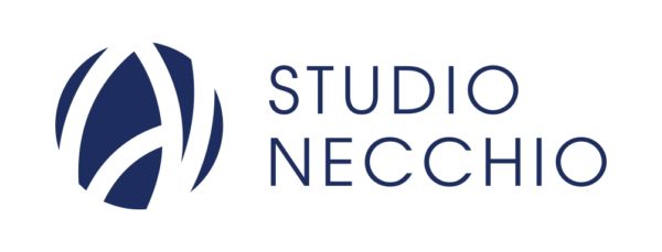 Logo Studio Necchio. Design professionale, consulenza aziendale e legale. Simbolo astratto e nome dello studio in blu.