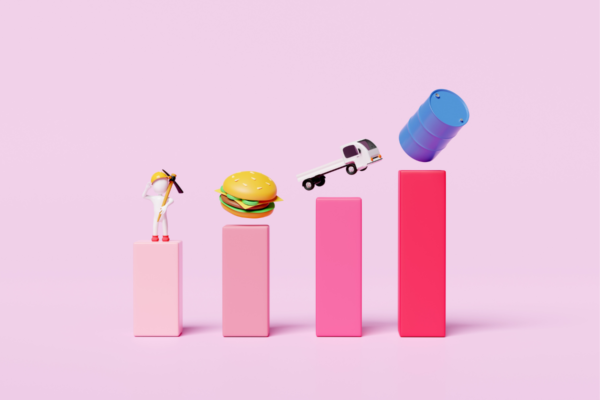 Grafico a barre rosa con ristorazione: operaio, hamburger, camion, barile. Crescita post Covid.